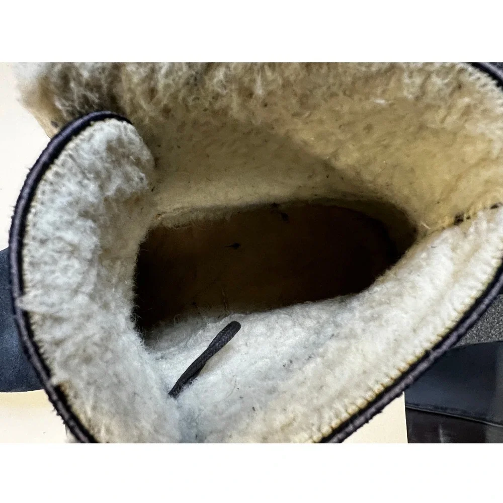 No.6 Suede Clog‎ Boots Women 39 Navy Blue Good Shearling Lined Lace Up Wood Heel